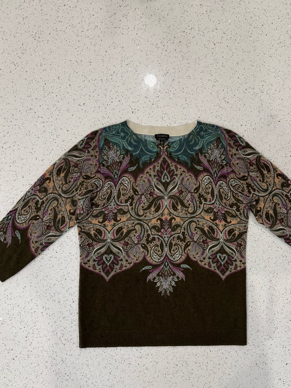 Talbots Olive and Teal Paisley Cashmere Sweater